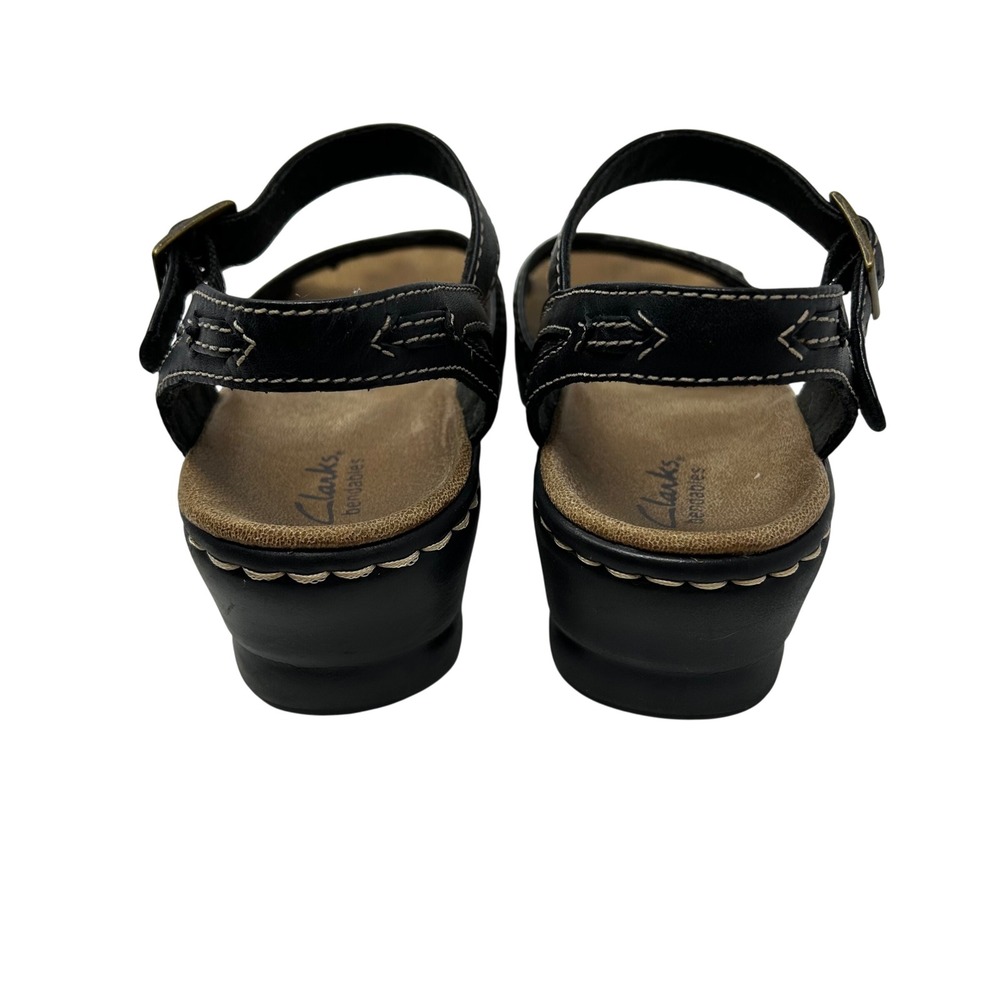 Clarks Bendables Black Leather Wedge Sandals Strappy Ankle Strap Womens 7.5 - Picture 13 of 14